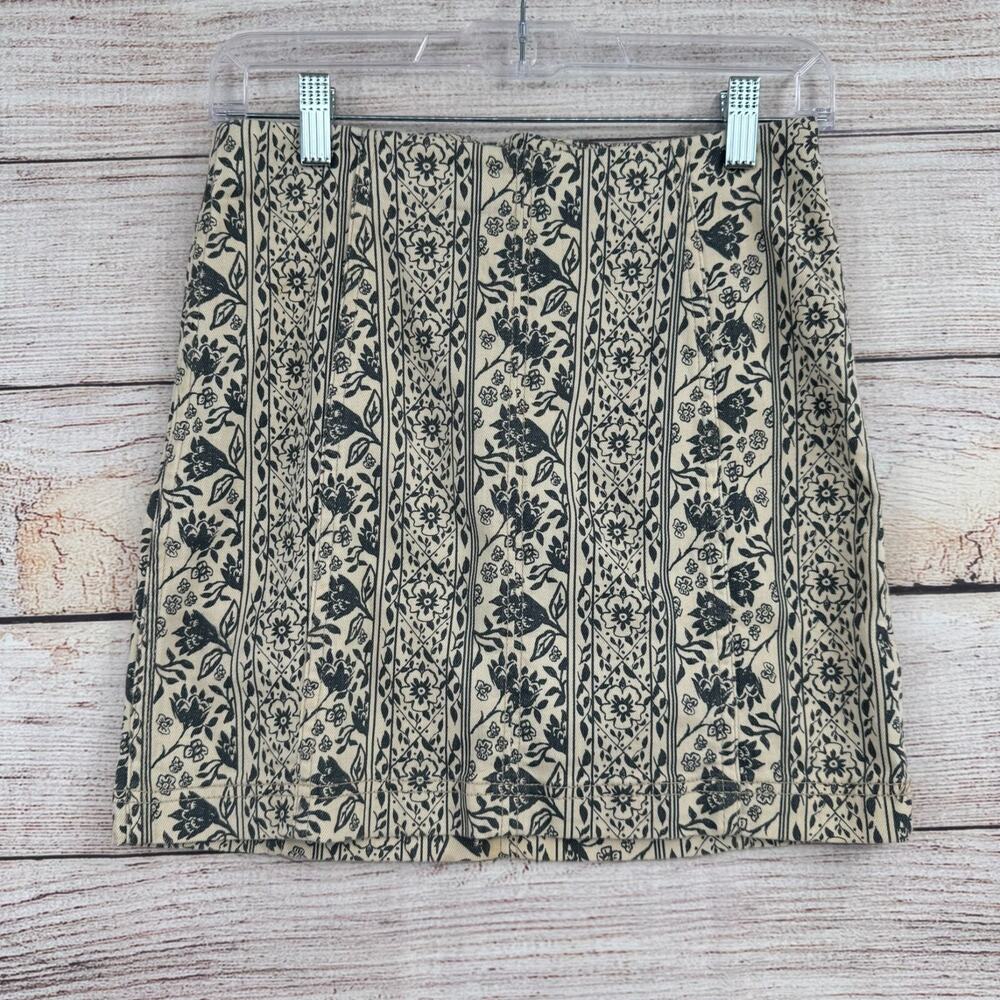 Free‎ People Floral Stretch Mini Pencil Skirt Women's Size 4 Cream/Gray
